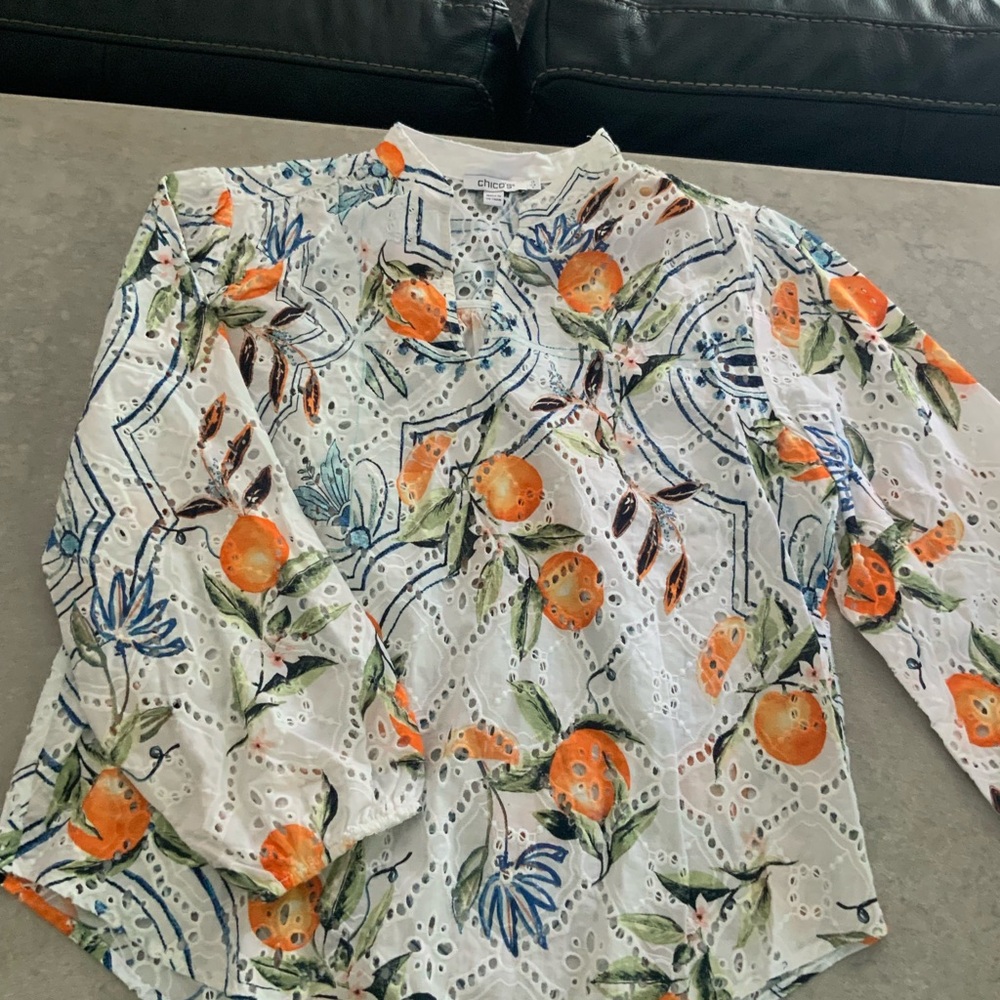 Chico's White and Orange Floral Eyelet Blouse
